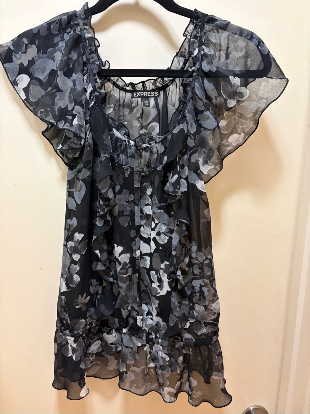 Express Sheer Floral Ruffle Top in Black & Gray